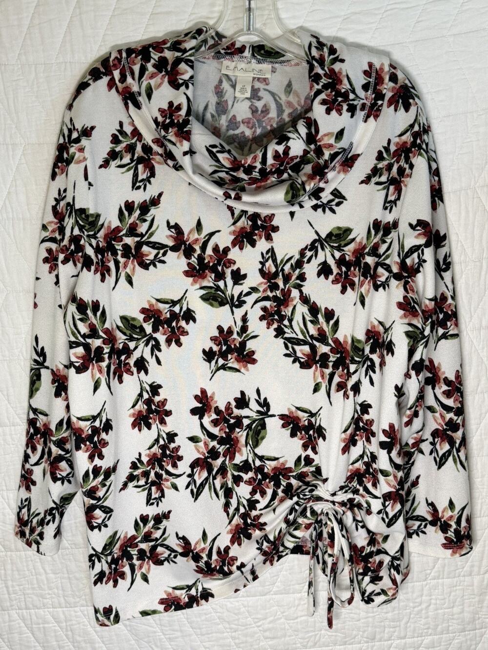 Emaline Women’s seater cowl neck light weight tie up front white floral size 1x